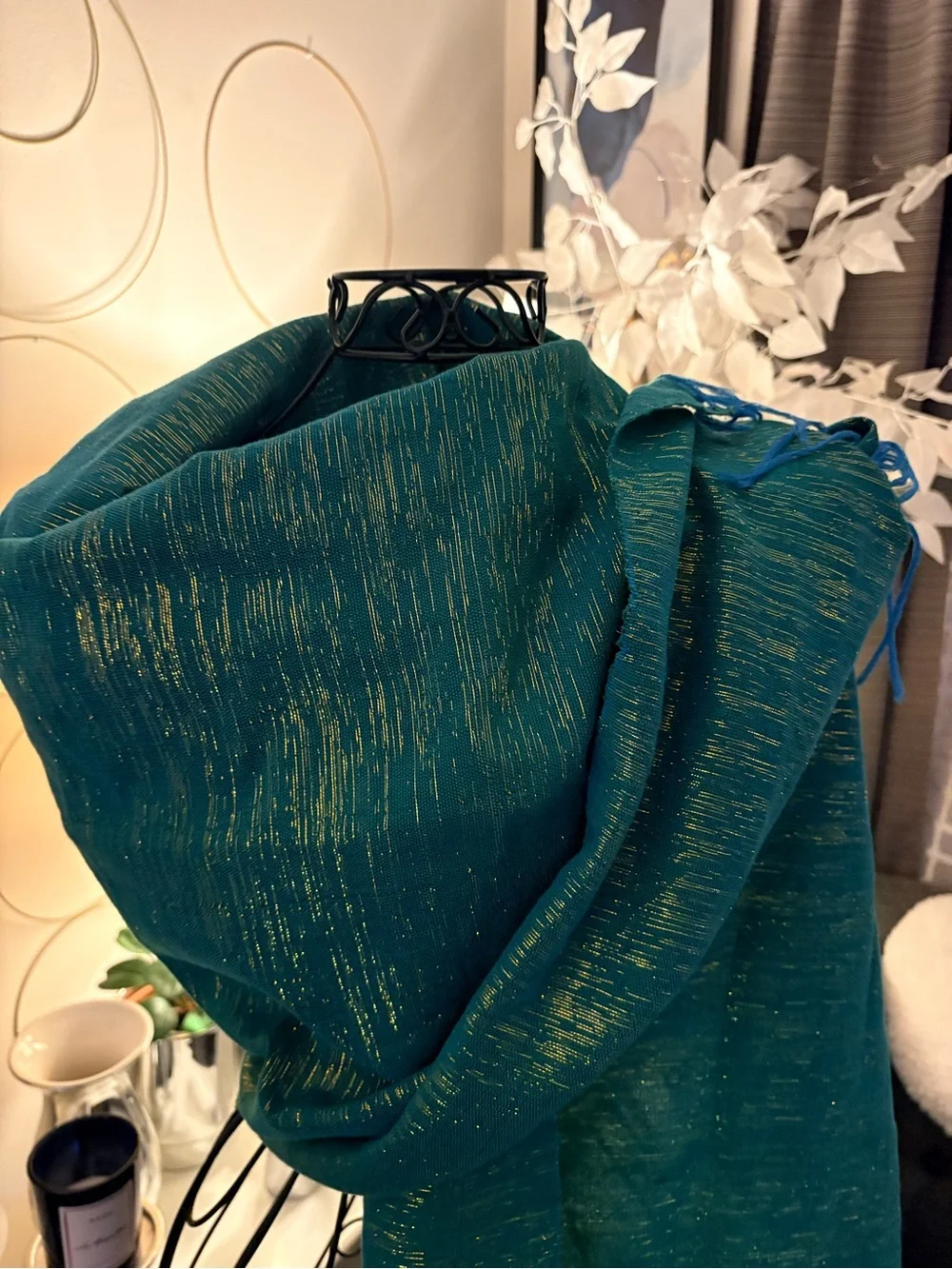 Textured Teal Woven Gold Metallic Thread Blue Fringe Wrap Scarf 21”x 65”